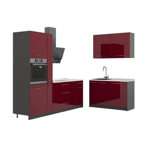 Küchenzeile Fame-Line Bordeaux Hochglanz/Anthrazit 220 x 120 cm, AP Marmor Vicco