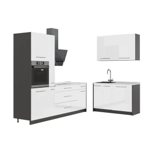 Cozinha Fame-Line Branco alto brilho/antracite 220 x 120 cm, Mármore AP Vicco