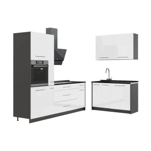 Küchenzeile Fame-Line Weiß Hochglanz/Anthrazit 220 x 120 cm ohne Arbeitsplatte Vicco
