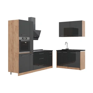 Küchenzeile Fame-Line Anthrazit Hochglanz/Goldkraft Eiche 220 x 120 cm, AP Anthrazit Vicco