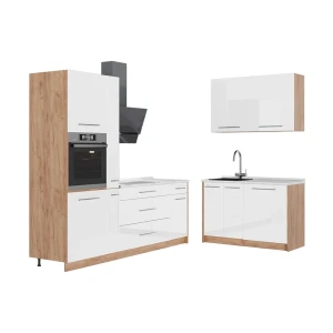 Cuisine Fame-Line Blanc Haute brillance/Chêne de force doré 220 x 120 cm, PT Marbre Vicco