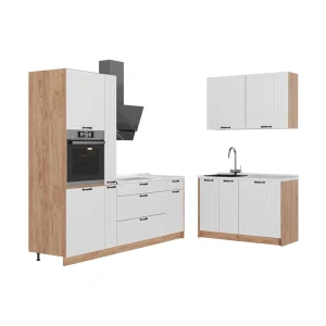 Küchenzeile Fame-Line Weiß Landhaus/Goldkraft Eiche 220 x 120 cm, AP Marmor Vicco