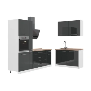 Cuisine Fame-Line Anthracite Haute brillance/Blanc 220 x 120 cm, PT Chêne Vicco