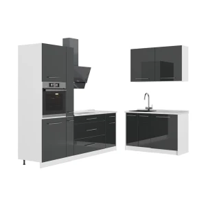 Küchenzeile Fame-Line Anthrazit Hochglanz/Weiß 220 x 120 cm ohne Arbeitsplatte Vicco