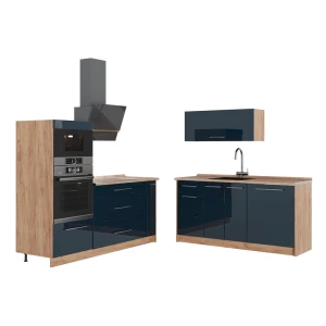 Keittiö Fame-Line Tummansininen korkeakiilto/Goldkraft tammi 340 cm, AP Oak Vicco