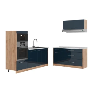 Küchenzeile Fame-Line Dunkelblau Hochglanz/Goldkraft Eiche 340 cm, AP Marmor Vicco