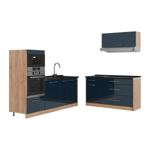 Küchenzeile Fame-Line Dunkelblau Hochglanz/Goldkraft Eiche 340 cm ohne Arbeitsplatte Vicco