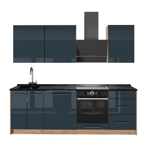 Küchenzeile Fame-Line Dunkelblau Hochglanz/Goldkraft Eiche 230 cm, AP Anthrazit Vicco
