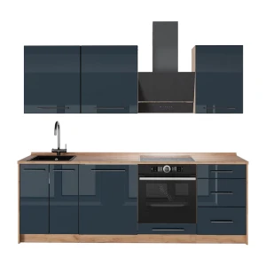 Küchenzeile Fame-Line Dunkelblau Hochglanz/Goldkraft Eiche 230 cm, AP Eiche Vicco