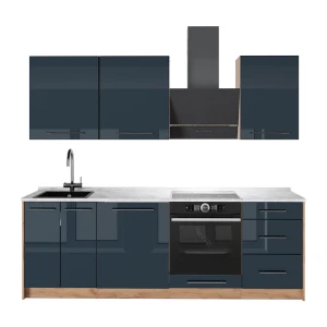 Küchenzeile Fame-Line Dunkelblau Hochglanz/Goldkraft Eiche 230 cm, AP Marmor Vicco