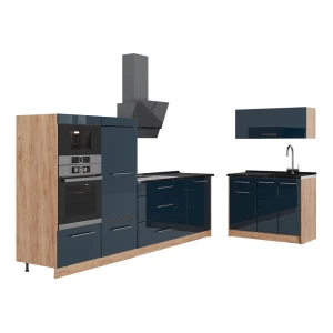 Küchenzeile Fame-Line Dunkelblau Hochglanz/Goldkraft Eiche 380 cm, AP Anthrazit Vicco