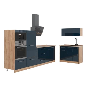 Kuchnia Fame-Line Ciemnoniebieski wysoki połysk/Dąb goldkraft 380 cm, BP Dąb Vicco