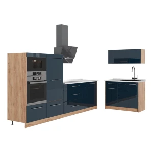 Küchenzeile Fame-Line Dunkelblau Hochglanz/Goldkraft Eiche 380 cm, AP Marmor Vicco
