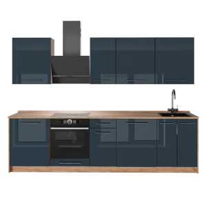 Küchenzeile Fame-Line Dunkelblau Hochglanz/Goldkraft Eiche 280 cm, AP Eiche Vicco