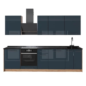Cuisine Fame-Line Bleu foncé brillant/Chêne de force doré 280cm, PT Anthracite Vicco