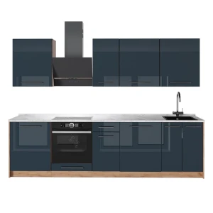 Küchenzeile Fame-Line Dunkelblau Hochglanz/Goldkraft Eiche 280 cm, AP Marmor Vicco