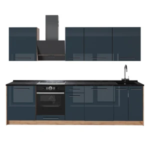 Küchenzeile Fame-Line Dunkelblau Hochglanz/Goldkraft Eiche 280 cm ohne Arbeitsplatte Vicco