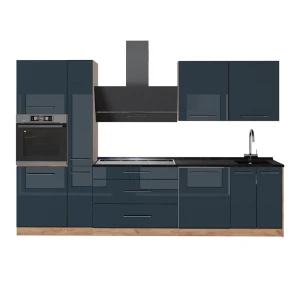 Küchenzeile Fame-Line Dunkelblau Hochglanz/Goldkraft Eiche 310 cm, AP Anthrazit Vicco
