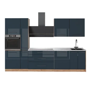 Küchenzeile Fame-Line Dunkelblau Hochglanz/Goldkraft Eiche 310 cm, AP Marmor Vicco