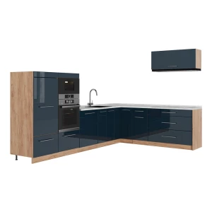 Eckküche Fame-Line Dunkelblau Hochglanz/Goldkraft Eiche 327 x cm, AP Marmor Vicco