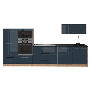 Küchenzeile Fame-Line Dunkelblau Hochglanz/Goldkraft Eiche 340 cm ohne Arbeitsplatte Vicco