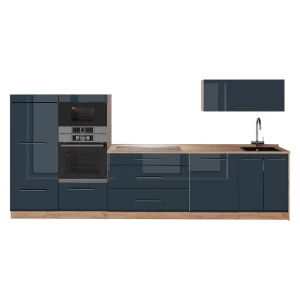 Küchenzeile Fame-Line Dunkelblau Hochglanz/Goldkraft Eiche 340 cm, AP Eiche Vicco