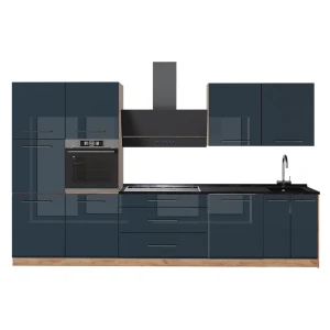 Küchenzeile Fame-Line Dunkelblau Hochglanz/Goldkraft Eiche 340 cm, AP Anthrazit Vicco