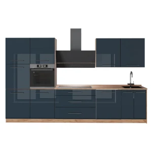 Küchenzeile Fame-Line Dunkelblau Hochglanz/Goldkraft Eiche 340 cm, AP Eiche Vicco
