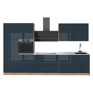 Küchenzeile Fame-Line Dunkelblau Hochglanz/Goldkraft Eiche 340 cm, AP Marmor Vicco