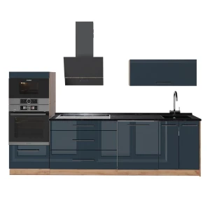 Küchenzeile Fame-Line Dunkelblau Hochglanz/Goldkraft Eiche 280 cm, AP Anthrazit Vicco