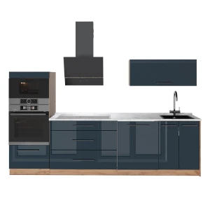 Küchenzeile Fame-Line Dunkelblau Hochglanz/Goldkraft Eiche 280 cm, AP Marmor Vicco