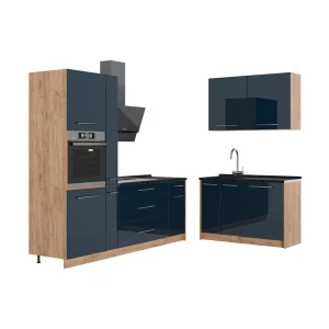 Cuisine Fame-Line Bleu foncé brillant/Chêne de force doré 340 x cm, PT Anthracite Vicco