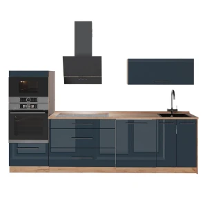 Küchenzeile Fame-Line Dunkelblau Hochglanz/Goldkraft Eiche 280 cm, AP Eiche Vicco