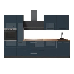 Cuisine Fame-Line Bleu foncé brillant/Anthracite 310cm, PT Chêne Vicco