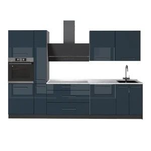 Cuisine Fame-Line Bleu foncé brillant/Anthracite 310cm, PT Marbre Vicco