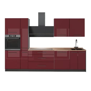 Cuisine Fame-Line Rouge bordeaux Haute brillance/Anthracite 310cm, PT Chêne Vicco
