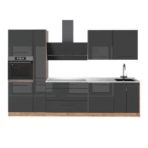 Küchenzeile Fame-Line Anthrazit Hochglanz/Goldkraft Eiche 310 cm, AP Marmor Vicco