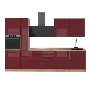 Cuisine Fame-Line Rouge bordeaux Haute brillance/Chêne de force doré 310cm, PT Chêne Vicco