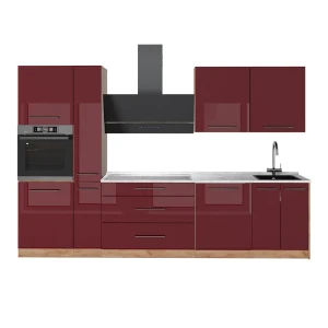 Cuisine Fame-Line Rouge bordeaux Haute brillance/Chêne de force doré 310cm, PT Marbre Vicco