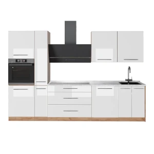 Cuisine Fame-Line Blanc Haute brillance/Chêne de force doré 310cm, PT Marbre Vicco