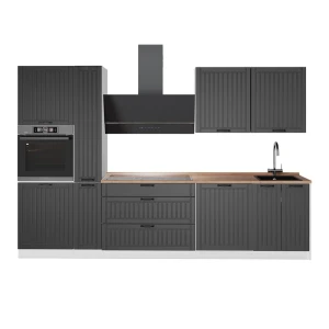 Cuisine Fame-Line Gris foncé/Blanc 310cm, PT Chêne Vicco