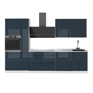 Cuisine Fame-Line Bleu foncé brillant/Blanc 310cm, PT Marbre Vicco