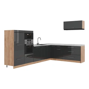 Kuchnia narożna Fame-Line Antracyt połysk/Dąb goldkraft 327 x 227 cm, BP Marmur Vicco