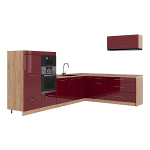 Kuchnia narożna Fame-Line Bordowy wysoki połysk/Dąb goldkraft 327 x 227 cm, BP Dąb Vicco
