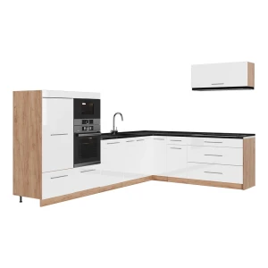 Eckküche Fame-Line Weiß Hochglanz/Goldkraft Eiche 327 x 227 cm, AP Anthrazit Vicco