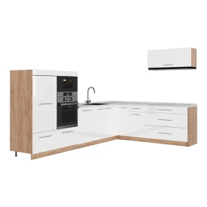 Kulmakeittiö Fame-Line Valkoinen korkeakiilto/Goldkraft tammi 327 x 227 cm, AP Marble Vicco