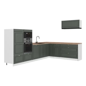 Cuisine en angle Fame-Line Vert Or Campagne/Blanc 327 x 227 cm, PT Chêne Vicco