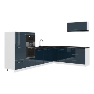 Cuisine en angle Fame-Line Bleu foncé brillant/Blanc 327 x 227 cm sans PT Vicco