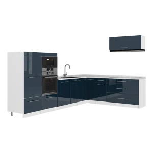Cuisine en angle Fame-Line Bleu foncé brillant/Blanc 327 x 227 cm, PT Marbre Vicco