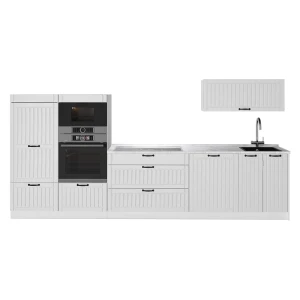 Küchenzeile Fame-Line Weiß Landhaus/Weiß 340 cm, AP Marmor Vicco